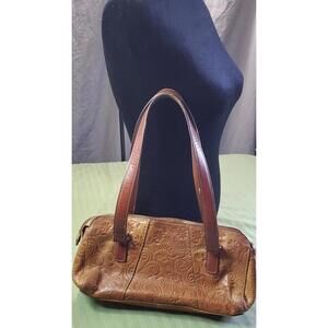 P103 *Flaw Brown Embossed Leather Women's Vintage Fossil Baguette Purse